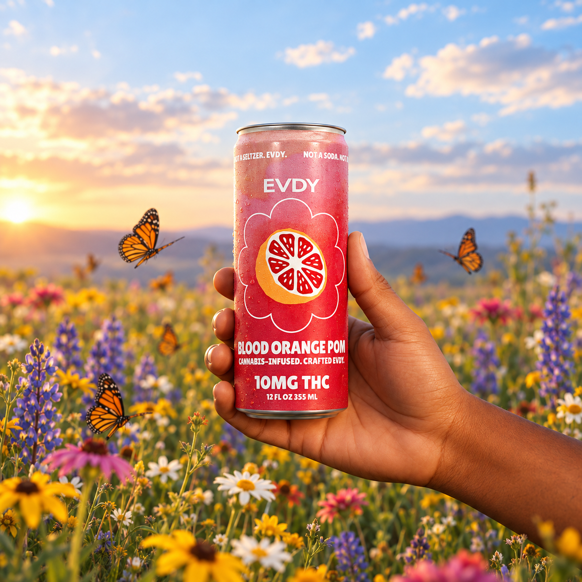 EVDY Blood Orange POM can held in a wildflower field at sunset