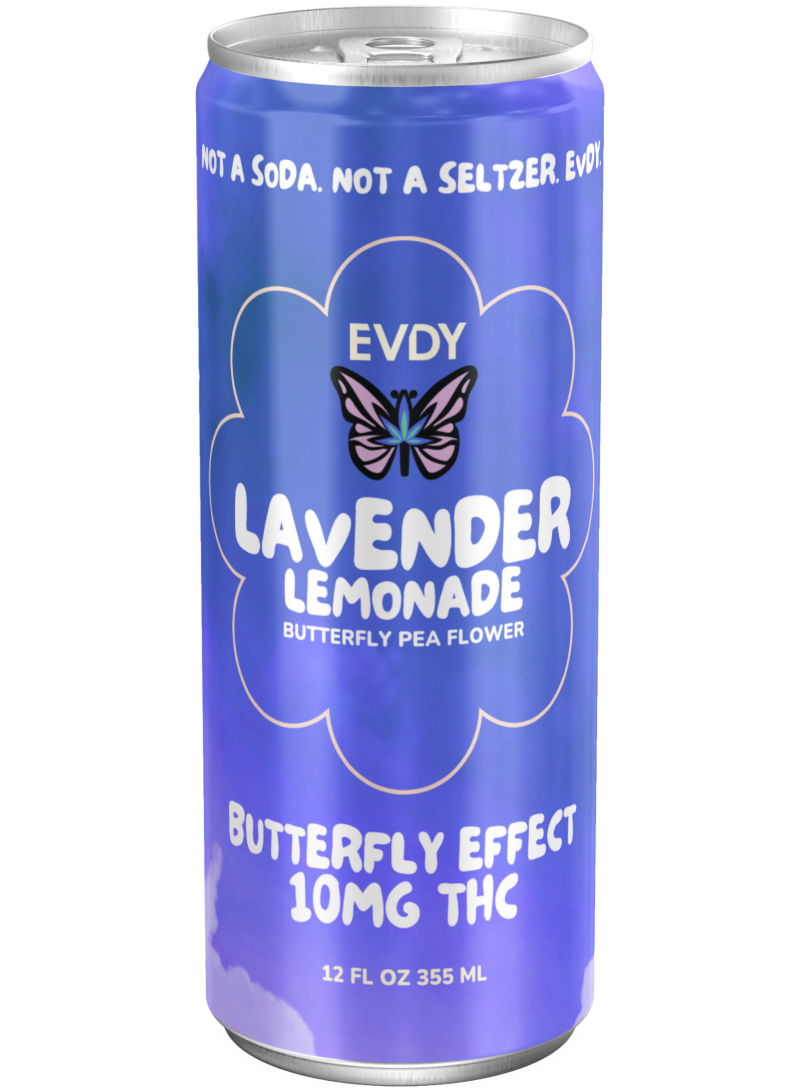 Evy lavender lemonade can with butterfly design on a white background